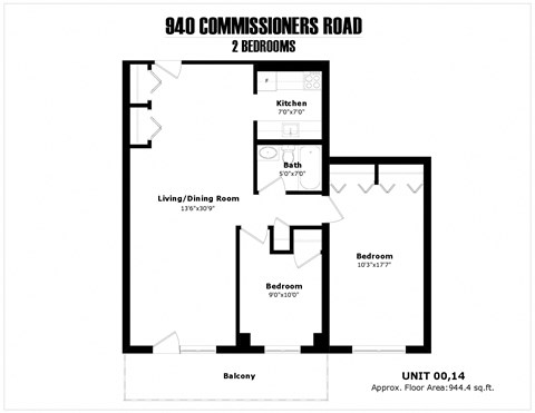 Floor plan for 2 beds, 1 bath, 1067 sqft